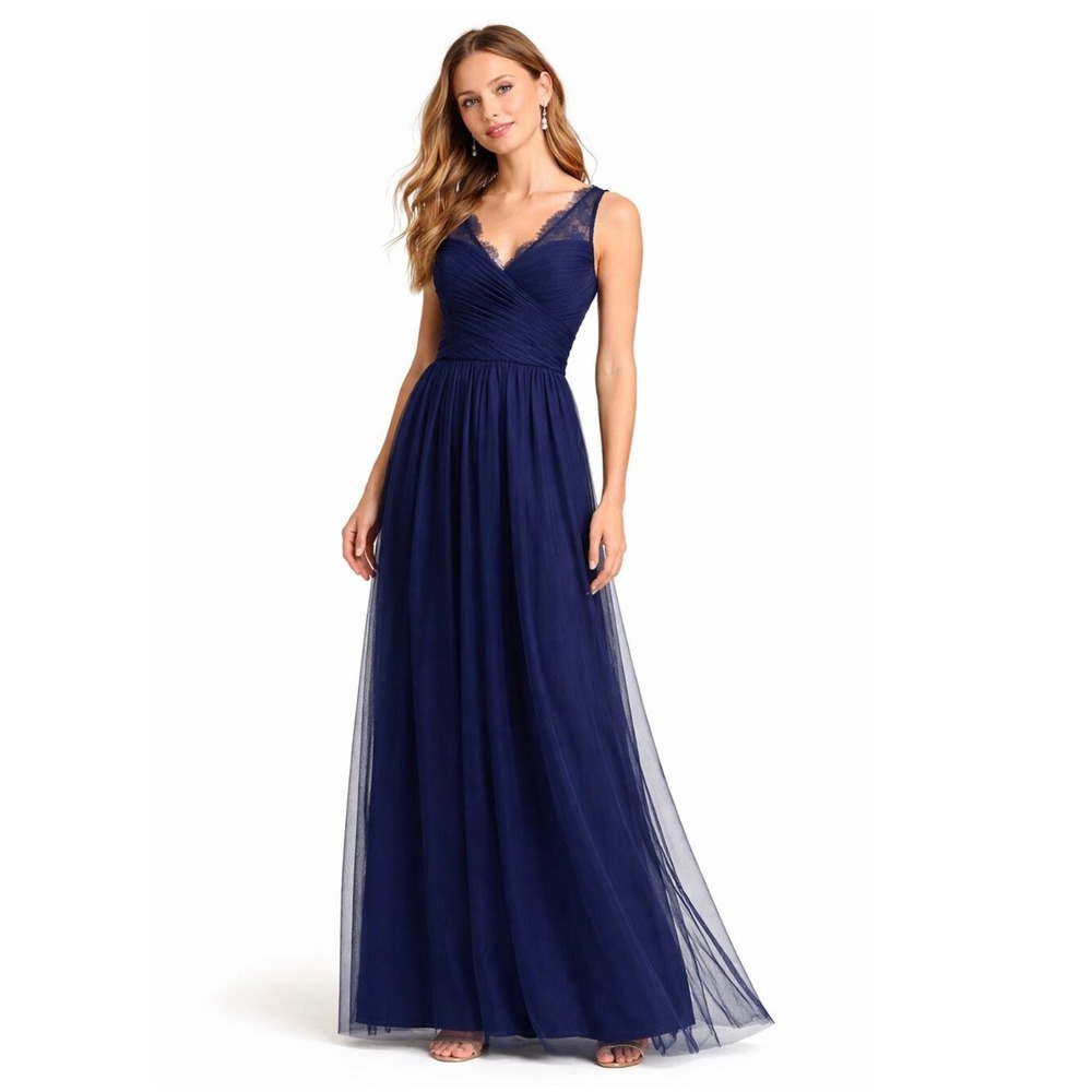 Hitherto Navy‎ Blue Lace Tulle Formal Evening Gown Dress Size 4 V-Neck Pleated